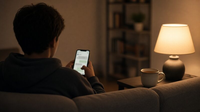 Tiener van achteren gezien op de bank met een smartphone met een chatvenster, als beeld bij de vraag of een chatbot veilig is voor je kind.