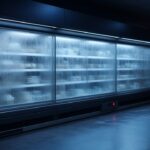 Koelvitrine in een supermarkt met beslagen glas en een rood waarschuwingslampje, als beeld bij de cyberaanval op supermarkten.