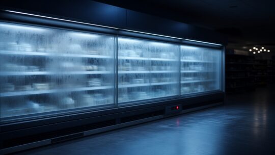Koelvitrine in een supermarkt met beslagen glas en een rood waarschuwingslampje, als beeld bij de cyberaanval op supermarkten.