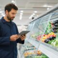 Monteur met tablet controleert een gekoelde groenteschap in de supermarkt