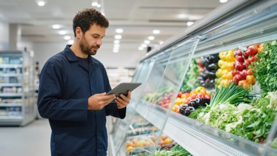 Monteur met tablet controleert een gekoelde groenteschap in de supermarkt