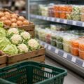 Een supermarktschap vol losse appels, bloemkolen, kroppen sla en uien, met daarnaast plastic bakjes voorgesneden groente en lege witte prijskaartjes aan de schaprand.