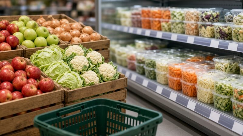 Een supermarktschap vol losse appels, bloemkolen, kroppen sla en uien, met daarnaast plastic bakjes voorgesneden groente en lege witte prijskaartjes aan de schaprand.