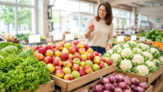 Vrouw kiest een appel bij kratten met appels, bloemkool, sla en uien in de supermarkt