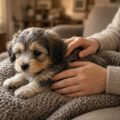 Kleine pluizige puppy op schoot op een bank, het beeld bij een artikel over puppy nemen en de echte reden daarachter.
