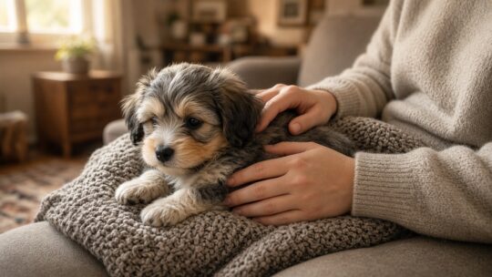 Kleine pluizige puppy op schoot op een bank, het beeld bij een artikel over puppy nemen en de echte reden daarachter.