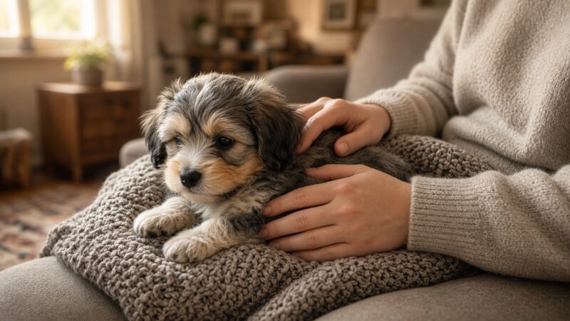 Kleine pluizige puppy op schoot op een bank, het beeld bij een artikel over puppy nemen en de echte reden daarachter.