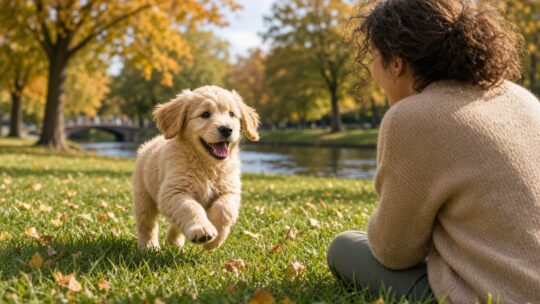 Blije blonde puppy rent over het gras in een herfstig park naar een persoon toe