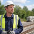 Bouwplaatswerknemer met helm op een bouwplaats en een trein op de achtergrond, als beeld bij goed betaalde banen zonder diploma.