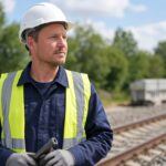 Bouwplaatswerknemer met helm op een bouwplaats en een trein op de achtergrond, als beeld bij goed betaalde banen zonder diploma.