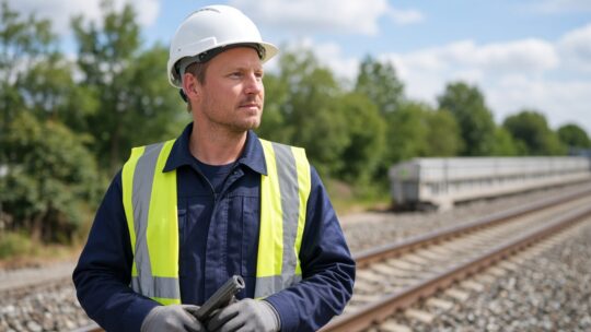 Bouwplaatswerknemer met helm op een bouwplaats en een trein op de achtergrond, als beeld bij goed betaalde banen zonder diploma.