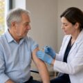 Oudere man met opgerolde mouw krijgt bij de huisarts een gordelroosvaccinatie in de bovenarm, als beeld bij het onderzoek naar gordelroosvaccinatie en dementie.