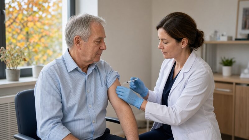 Oudere man met opgerolde mouw krijgt bij de huisarts een gordelroosvaccinatie in de bovenarm, als beeld bij het onderzoek naar gordelroosvaccinatie en dementie.