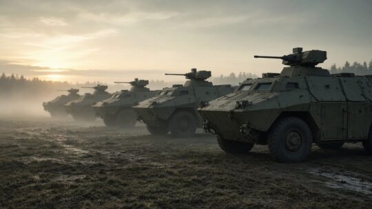 Rij militaire pantservoertuigen op een mistig oefenterrein bij zonsopkomst, als beeld bij de grootste legers ter wereld.