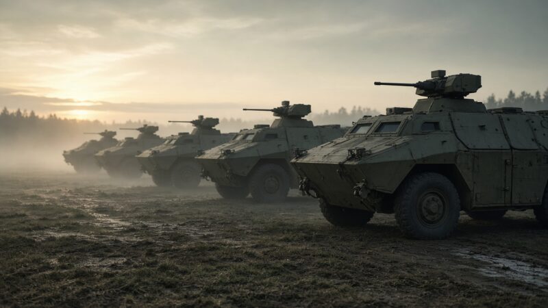 Rij militaire pantservoertuigen op een mistig oefenterrein bij zonsopkomst, als beeld bij de grootste legers ter wereld.