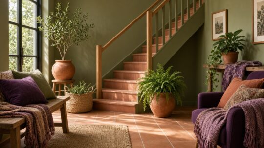 Lichte hal met olijfgroene muren, terracotta potten, planten en aubergine plaids