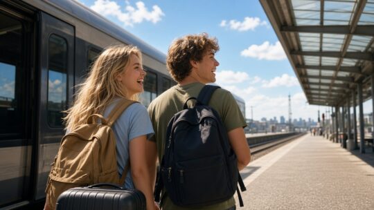 Twee lachende jongeren met rugzakken en koffer op een zonnig perron naast een trein