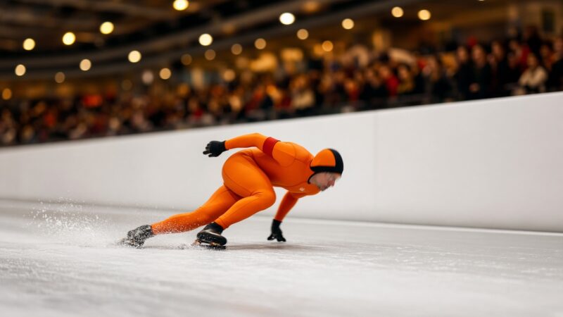 Mannelijke schaatser in oranje pak sprint over de lange baan van een overdekt ijsstadion, als beeld bij Nederlandse mannelijke schaatsers.
