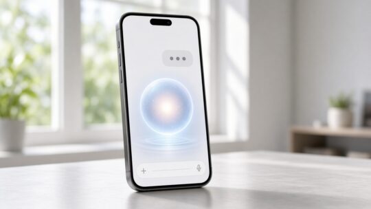 Smartphone met een chatscherm en een zacht oplichtende AI-bol op een lichte tafel