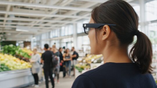 Vrouw met een slimme bril met cameraatje in een lichte supermarkt