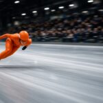 Nederlandse schaatsster in oranje pak neemt een bocht op de lange baan in een overdekt ijsstadion, als beeld bij Nederlandse schaatsers vrouwen.
