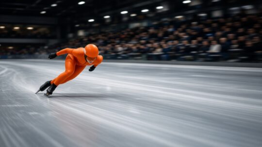 Nederlandse schaatsster in oranje pak neemt een bocht op de lange baan in een overdekt ijsstadion, als beeld bij Nederlandse schaatsers vrouwen.