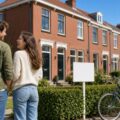 Lachend stel voor een rij Nederlandse bakstenen rijtjeshuizen met een leeg te-koopbord in de voortuin