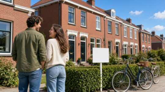 Lachend stel voor een rij Nederlandse bakstenen rijtjeshuizen met een leeg te-koopbord in de voortuin
