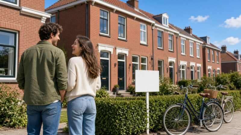 Lachend stel voor een rij Nederlandse bakstenen rijtjeshuizen met een leeg te-koopbord in de voortuin