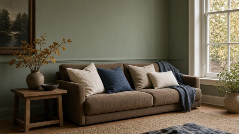 Lichte woonkamer met een saliegroene muur, een bank in warm bruin, linnen kussens en een houten bijzettafel, als beeld bij de nieuwste kleuren voor de woonkamer.