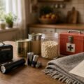 Water, een radio op batterijen, een zaklamp, blikvoer en een EHBO-doos netjes klaargezet op een keukentafel