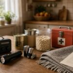 Water, een radio op batterijen, een zaklamp, blikvoer en een EHBO-doos netjes klaargezet op een keukentafel
