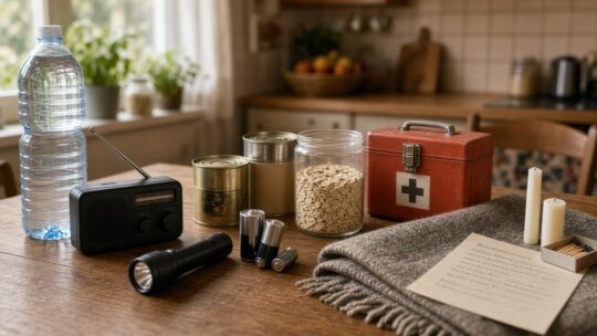 Water, een radio op batterijen, een zaklamp, blikvoer en een EHBO-doos netjes klaargezet op een keukentafel