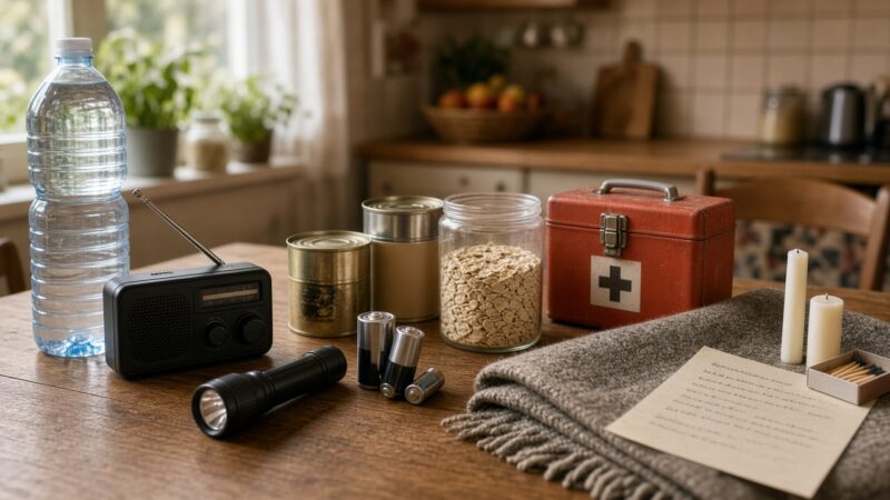 Water, een radio op batterijen, een zaklamp, blikvoer en een EHBO-doos netjes klaargezet op een keukentafel
