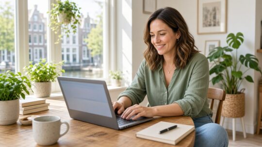 Lachende vrouw werkt op een laptop aan een houten tafel in een lichte kamer met planten