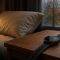 Smartwatch met een donker scherm op een houten nachtkastje naast een opgemaakt bed, met gedimd lamplicht in een herfstige slaapkamer, als beeld bij slaapcoaching met Samsung Health.