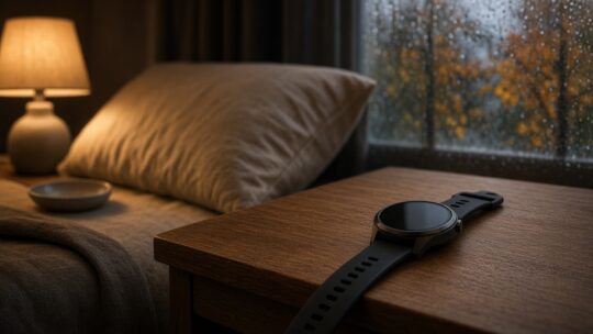 Smartwatch met een donker scherm op een houten nachtkastje naast een opgemaakt bed, met gedimd lamplicht in een herfstige slaapkamer, als beeld bij slaapcoaching met Samsung Health.