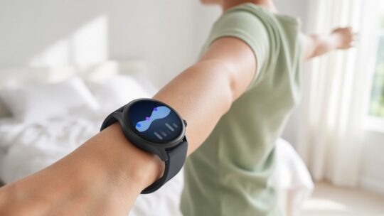 Smartwatch met slaapgrafiek aan de pols van iemand die zich uitrekt in een lichte slaapkamer