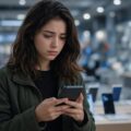 Jonge vrouw kijkt twijfelend naar een smartphone in haar hand bij een winkelschap met telefoons, als beeld bij smartphones die duurder worden.