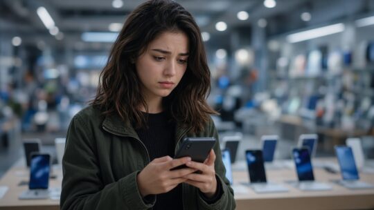 Jonge vrouw kijkt twijfelend naar een smartphone in haar hand bij een winkelschap met telefoons, als beeld bij smartphones die duurder worden.