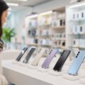 Vrouw bekijkt een rij smartphones op een tafel in een lichte elektronicawinkel