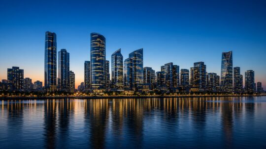 Skyline met moderne wolkenkrabbers aan het water bij schemering, als beeld bij de top 10 rijkste landen ter wereld.