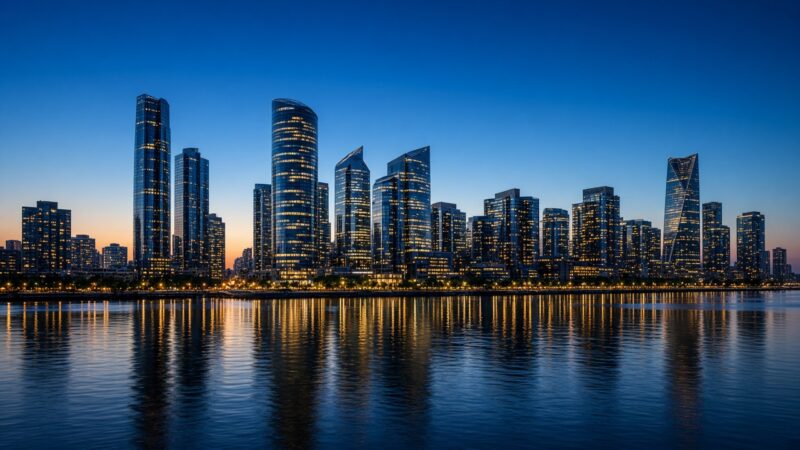 Skyline met moderne wolkenkrabbers aan het water bij schemering, als beeld bij de top 10 rijkste landen ter wereld.