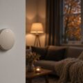 Een ronde thermostaat aan een lichte muur in een woonkamer, met op de achtergrond onscherp een bank met een gebreide plaid en een raam waarachter herfstbladeren en schemerlicht te zien zijn.