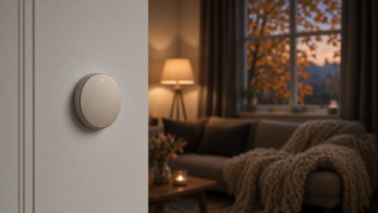 Een ronde thermostaat aan een lichte muur in een woonkamer, met op de achtergrond onscherp een bank met een gebreide plaid en een raam waarachter herfstbladeren en schemerlicht te zien zijn.