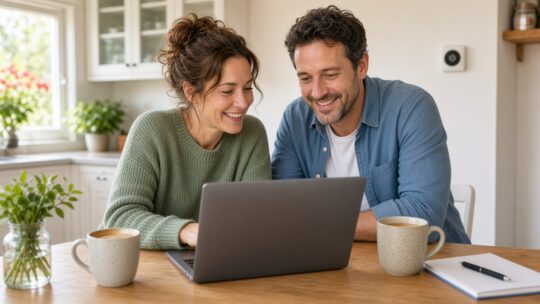 Lachend stel kijkt samen op een laptop aan de keukentafel, met thermostaat aan de muur