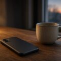 Smartphone op een tafel bij een raam met avondlicht, als beeld bij Veilig Thuis en hulp bij zorgen over huiselijk geweld.