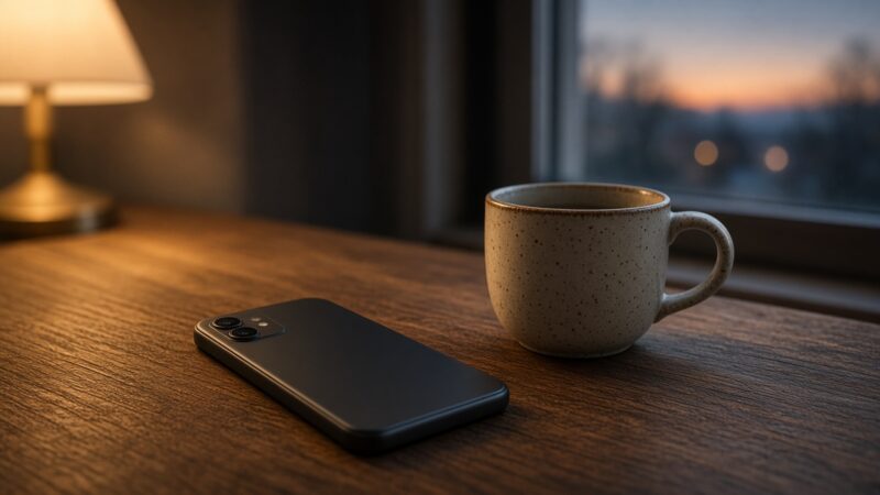 Smartphone op een tafel bij een raam met avondlicht, als beeld bij Veilig Thuis en hulp bij zorgen over huiselijk geweld.
