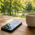 Smartphone en een mok koffie op een houten tafel bij een raam met uitzicht op een zonnig park