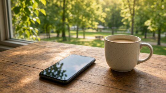 Smartphone en een mok koffie op een houten tafel bij een raam met uitzicht op een zonnig park